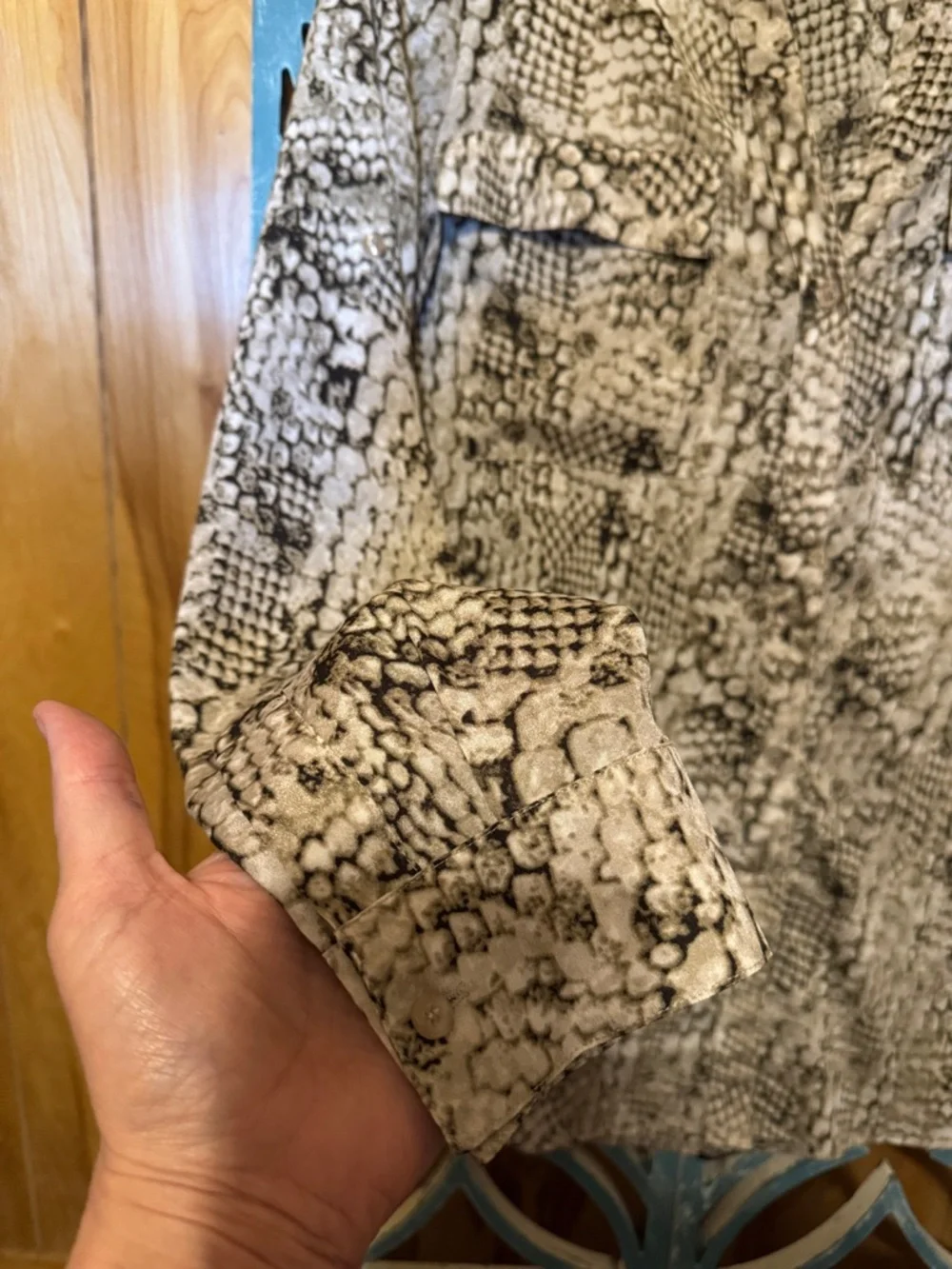 Calvin Klein Beige and Black Snakeskin Print V-Neck Blouse (missing one button) - Picture 2 of 6